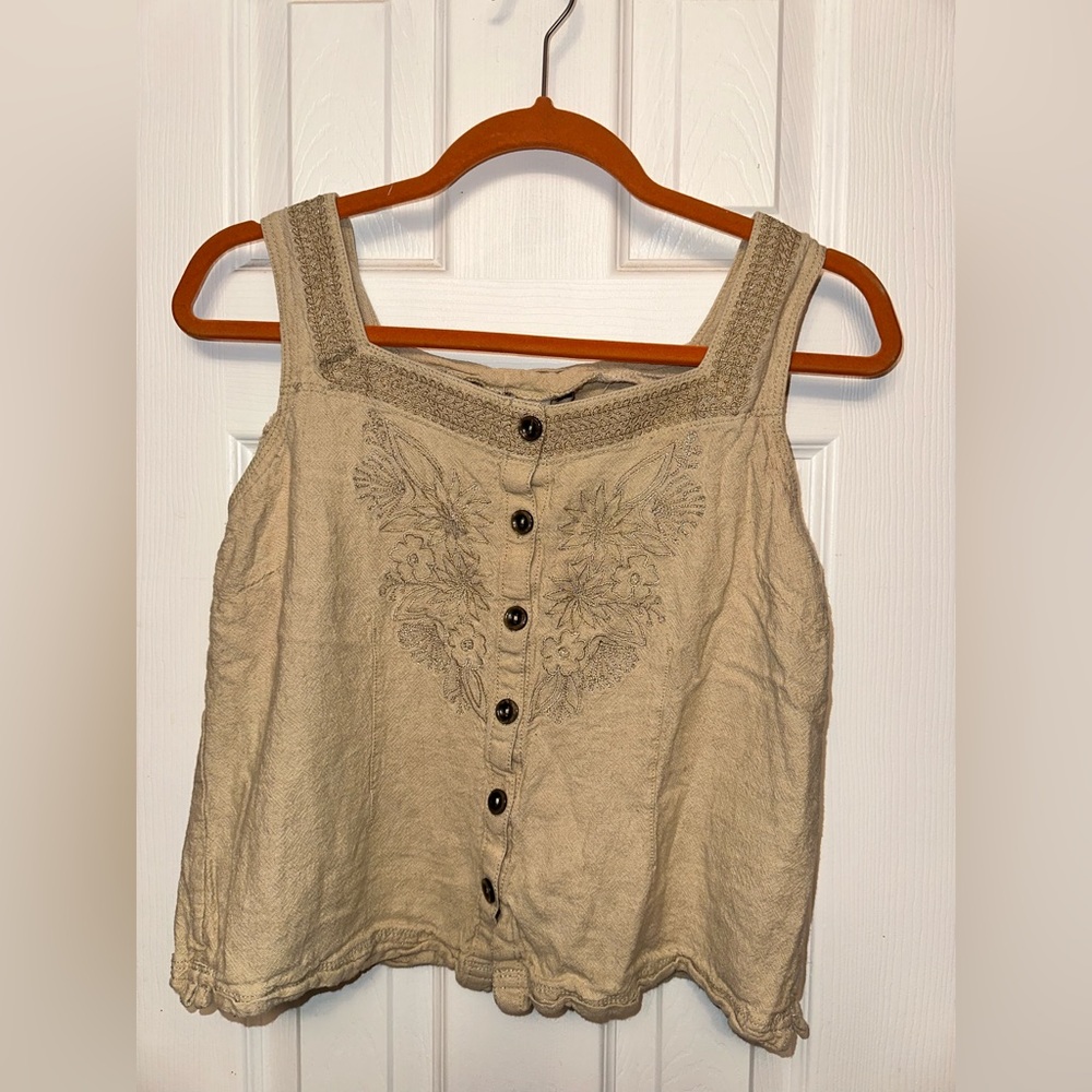 Rare IBD Fusion, Tan-Embroidered Button-Down Top